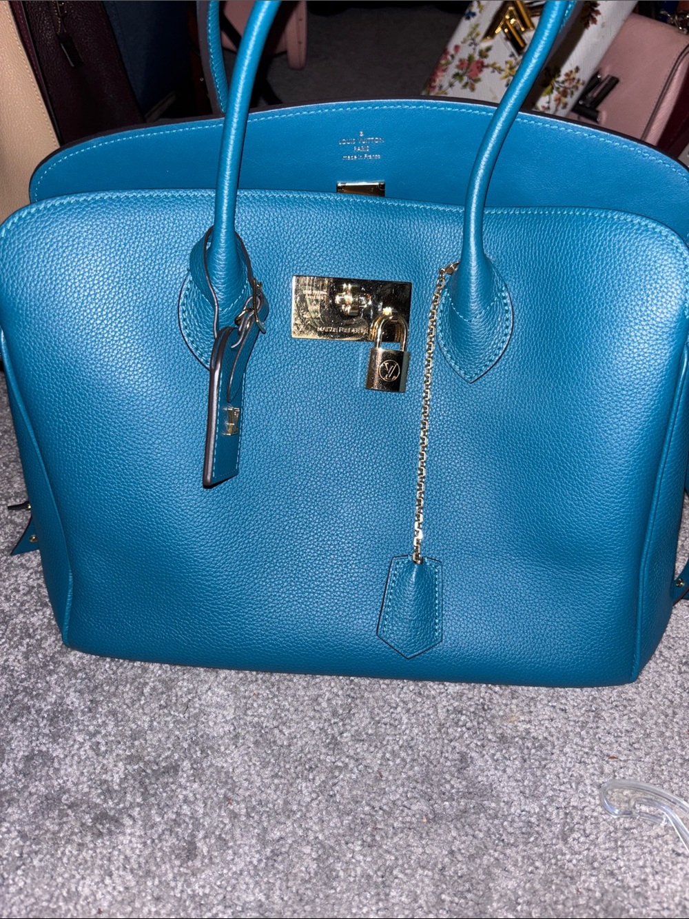 Louis Vuitton Veau Nuage Milla Luxury Blue Leather Satchel with Gold Hardware